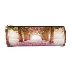 Romantischer Tunnel aus rosa Blumenbäumen, bedrucktes Leder-Federmäppchen, Stiftetasche, Kosmetiktasche, Make-up-Tasche, Büro-Aufbewahrungstasche für Männer und Frauen, Romantischer Tunnel aus rosa von BAFAFA