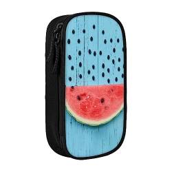 Wassermelone und Samen, die auf blauem Hintergrund fallen, bedruckte Kosmetiktasche, tragbare Make-up-Tasche, Reise-Schmuckkoffer, Handtasche, Geldbörse, Schwarz, Schwarz , Einheitsgröße von BAFAFA