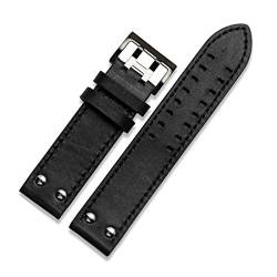 CAREG 20mm22mm Doppelreihe Loch Lederbänder kompatibel mit Hamilton Seiko Watch Band Rivet Mens Pilot Khaki Field Aviation Watchgürtel Durable (Color : Black-Black Clasp, Size : 22mm) von BAICHANG