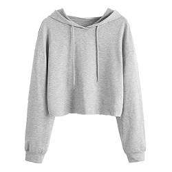 BAIGEE Kapuzenpullover Langarm Kurz Sweatshirt Crop Oberteile Hoodie Bauchfreie Pullover Kapuzensweatshirt mit Kapuze Teenager Mädchen Drucken Sport Kapuzenpulli Tops (Grau, XS) von BAIGEE