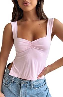 BAIGRAM Damen Ärmelloses Skinny Crop Tank Top Sexy Plissee Bustier Sweetheart Neck Strappy Y2K Schlitze Cropped Vest Cami, Pink, Mittel von BAIGRAM