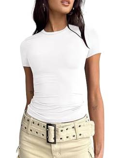 BAIGRAM Damen Basic Slim Fit Crop Top Tee Shirt Kurzarm Workout Rundhals Cropped T-Shirt, Weiss/opulenter Garten, Klein von BAIGRAM