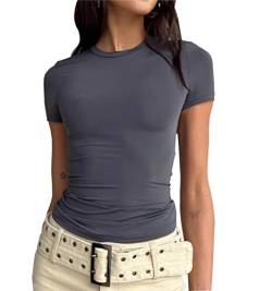 BAIGRAM Damen Basic Slim Fit Crop Top Tee Shirt Kurzarm Workout Rundhals Cropped T-Shirt, grau dunkel, X-Klein von BAIGRAM