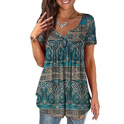 Baina Women's T-Shirt with Floral Print, V Neck Summer Top, Casual, Loose, Plus Size Tunic Tops for Women, Long Shirt, Oversize Blouse with Short Sleeves, M - 4XL Size,Grün,4XL von BAINA