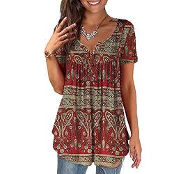 Baina Women's T-Shirt with Floral Print, V Neck Summer Top, Casual, Loose, Plus Size Tunic Tops for Women, Long Shirt, Oversize Blouse with Short Sleeves, M - 4XL Size,Rot,3XL von BAINA