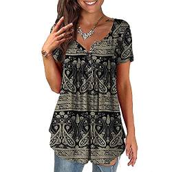 Baina Women's T-Shirt with Floral Print, V Neck Summer Top, Casual, Loose, Plus Size Tunic Tops for Women, Long Shirt, Oversize Blouse with Short Sleeves, M - 4XL Size,Schwarz,L von BAINA