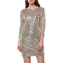 BAINASIQI Damen Sexy Paillettenkleid Minikleid Kurz Cocktailkleid Partykleid Abendkleid mit Rückenfrei V-Ausschnitt Design (Gold, L) von BAINASIQI