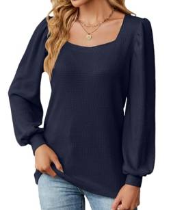 BAISHENGGT Anna Im Bug Pullover Damen Elegant Karree Ausschnitt Langarmshirt Einfarbig Texturierter Falten Tops T Shirts Bluse Oberteile Blau M von BAISHENGGT