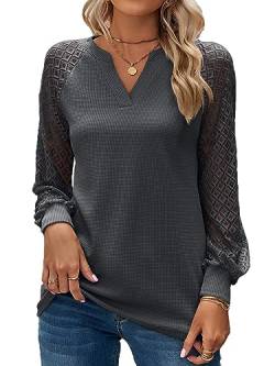 BAISHENGGT Baronin Tunika Damen V Ausschnitt T Shirt Elegante Raglan Spitzenärmel Bluse Shirts Lässige Streetwear Langarm Oberteil Tops Grau L von BAISHENGGT