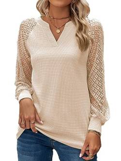 BAISHENGGT Baronin Tunika Damen V Ausschnitt T Shirt Raglan Spitzenärmel Bluse Shirts Lässige Elegante Streetwear Langarm Oberteil Tops Beige L von BAISHENGGT