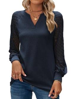 BAISHENGGT Baronin Tunika Damen V Ausschnitt T Shirt Raglan Spitzenärmel Bluse Shirts Lässige Elegante Streetwear Langarm Oberteil Tops Blau L von BAISHENGGT