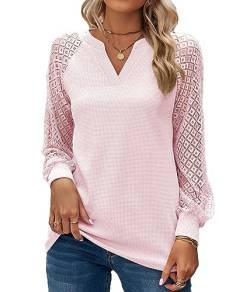 BAISHENGGT Baronin Tunika Damen V Ausschnitt T Shirt Raglan Spitzenärmel Bluse Shirts Lässige Elegante Streetwear Langarm Oberteil Tops Rosa M von BAISHENGGT