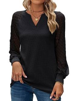 BAISHENGGT Baronin Tunika Damen V Ausschnitt T Shirt Raglan Spitzenärmel Bluse Shirts Lässige Elegante Streetwear Langarm Oberteil Tops Schwarz L von BAISHENGGT