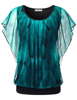 BAISHENGGT Batwing Damen, Damen Falten Kurzarm Tunika Batwing Rundkragen Bluse Pfau Blau X-Large von BAISHENGGT