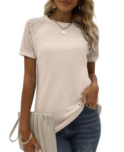 BAISHENGGT Bluse Tunika Damen Rundhals T Shirt Elegante Raglan Spitzenärmel Shirts Lässige Kurzarm Oberteil Tops Beige M von BAISHENGGT