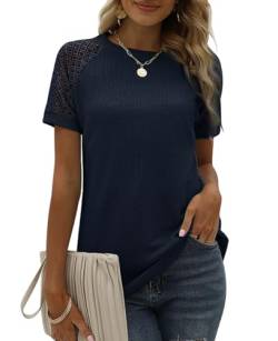 BAISHENGGT Bluse Tunika Damen Rundhals T Shirt Elegante Raglan Spitzenärmel Shirts Lässige Kurzarm Oberteil Tops Blau L von BAISHENGGT