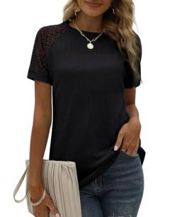 BAISHENGGT Bluse Tunika Damen Rundhals T Shirt Elegante Raglan Spitzenärmel Shirts Lässige Kurzarm Oberteil Tops Schwarz L von BAISHENGGT