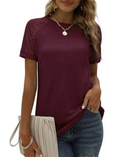 BAISHENGGT Bluse Tunika Damen Rundhals T Shirt Elegante Raglan Spitzenärmel Shirts Lässige Kurzarm Oberteil Tops Weinrot S von BAISHENGGT