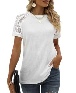 BAISHENGGT Bluse Tunika Damen Rundhals T Shirt Elegante Raglan Spitzenärmel Shirts Lässige Kurzarm Oberteil Tops Weiß L von BAISHENGGT