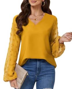 BAISHENGGT Blusen Tuniken Damen Elegant Chiffon Pullover Siwss Dot Langarmshirt V-Ausschnitt Pullover Streetwear Outfit Oberteile Gelb L von BAISHENGGT