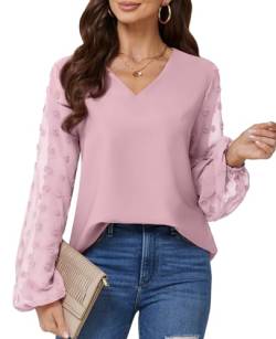 BAISHENGGT Blusen Tuniken Damen Elegant Chiffon Pullover Siwss Dot Langarmshirt V-Ausschnitt Pullover Streetwear Outfit Oberteile Rosa XL von BAISHENGGT