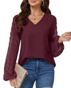 BAISHENGGT Blusen Tuniken Damen Elegant Chiffon Pullover Siwss Dot Langarmshirt V-Ausschnitt Pullover Streetwear Outfit Oberteile Rot M von BAISHENGGT