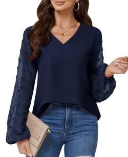 BAISHENGGT Blusen Tuniken für Damen V-Ausschnitt Puffärmel Tops Elegant Patchwork Chiffon Pulli Streetwear Herbstshirt Outfit Oberteile Blau L von BAISHENGGT