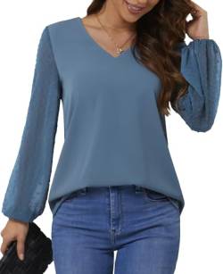 BAISHENGGT Blusen Tuniken für Damen V-Ausschnitt Swiss Dot Ballonärmeln Chiffon Pulli Tops Elegant Patchwork Outfit Oberteile Blau-2 M von BAISHENGGT