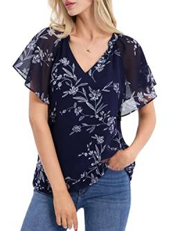 BAISHENGGT Damen Bluse Chiffon Festlich Elegant Sommer Tshirt Sexy Festival Outfit V Ausschnitt Flattert Kurzarm Lose Oberteile Casual Top Tunika Tops Blau Geblümt L von BAISHENGGT