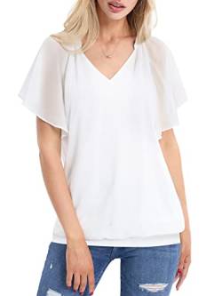 BAISHENGGT Damen Bluse Chiffon Festlich Elegant Sommer Tshirt Sexy Festival Outfit V Ausschnitt Flattert Kurzarm Lose Oberteile Casual Top Tunika Tops Weiß M von BAISHENGGT