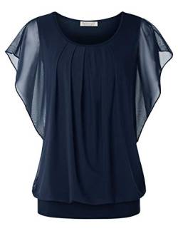 BAISHENGGT Damen Falten Kurzarm Tunika Batwing Rundkragen Bluse Blau-4 X-Large von BAISHENGGT