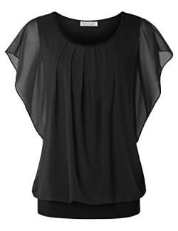 BAISHENGGT Damen Falten Kurzarm Tunika Batwing Rundkragen Bluse Reine Schwarz X-Large von BAISHENGGT