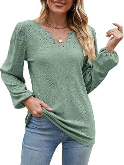 BAISHENGGT Frühlingsbaum im Dorf Blusen Tuniken für Damen Eyelet Deko V-Ausschnitt Ausgehöhlte Elegant Puffärmel Freizeit Party Langarmshirt Grün L von BAISHENGGT