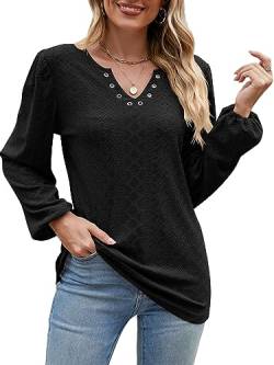 BAISHENGGT Frühlingsbaum im Dorf Blusen Tuniken für Damen Eyelet Deko V-Ausschnitt Ausgehöhlte Elegant Puffärmel Freizeit Party Langarmshirt Schwarz M von BAISHENGGT