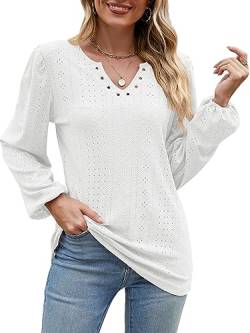 BAISHENGGT Frühlingsbaum im Dorf Blusen Tuniken für Damen Eyelet Deko V-Ausschnitt Ausgehöhlte Elegant Puffärmel Freizeit Party Langarmshirt Weiß XL von BAISHENGGT