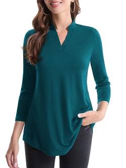 BAISHENGGT Nachmittagstee Damen Elegant 3/4 Ärmel Oberteil V-Ausschnitt Versatile Bluse Lässige Geblümt Tops Tuniken Longshirt Türkis 2XL von BAISHENGGT