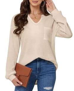 BAISHENGGT Pique Damen Blusen Tuniken Gestrickt V Ausschnitt Elegant Taschen Langarmshirt Tops Aprikose S von BAISHENGGT