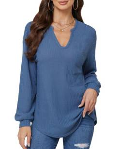 BAISHENGGT Pique Damen Blusen Tuniken Gestrickt V Ausschnitt Elegant Taschen Langarmshirt Tops Blau L von BAISHENGGT