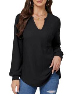 BAISHENGGT Pique Damen Blusen Tuniken Gestrickt V Ausschnitt Elegant Taschen Langarmshirt Tops Schwarz M von BAISHENGGT