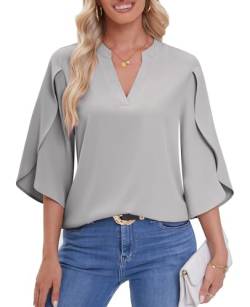 BAISHENGGT Prinzessin Anna Blusen Tuniken für Damen Sommer Chiffon Tops 3/4-Arm V-Ausschnitt Shirt Streetwear Bluseshirt Oberteile Grau S von BAISHENGGT