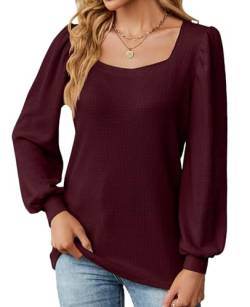 BAISHENGGT Pullover Damen Elegant Karree Ausschnitt Langarmshirt Einfarbig Texturierter Falten Tops Klassis T Shirts Bluse Oberteile Rot -1 S von BAISHENGGT