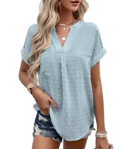 BAISHENGGT Sommer Blusen für Damen V-Ausschnitt Tops Swiss Dot Kurzarm Shirt Streetwear Bluseshirt Oberteile Blau L von BAISHENGGT