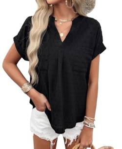 BAISHENGGT Sommer Blusen für Damen V-Ausschnitt Tops Swiss Dot Kurzarm Shirt Streetwear Bluseshirt Oberteile Schwarz L von BAISHENGGT