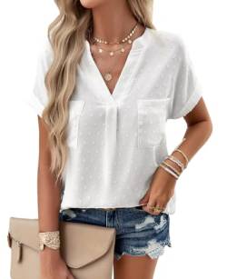 BAISHENGGT Sommer Blusen für Damen V-Ausschnitt Tops Swiss Dot Kurzarm Shirt Streetwear Bluseshirt Oberteile Weiß L von BAISHENGGT