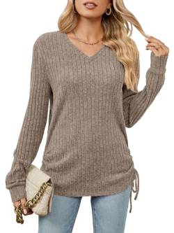 BAISHENGGT Unter das Eiche Damen V-Ausschnitt Langarmshirt Heidekraut Seite Faltenwurf mit Kordelzug Wochenende Spaziergang Strickpullover Khaki L von BAISHENGGT