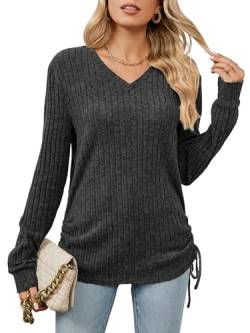 BAISHENGGT Unter das Eiche Damen V-Ausschnitt Langarmshirt Heidekraut Seite Faltenwurf mit Kordelzug Wochenende Spaziergang Strickpullover Schwarz L von BAISHENGGT