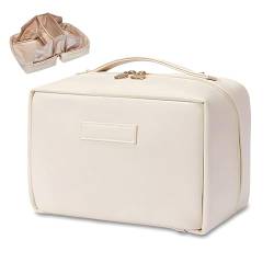 BAKLUCK Große Kapazität, Reise-Make-up-Tasche, flach liegend, PU-Leder, Make-up-Tasche, tragbar, wasserdicht, Kosmetiktasche für Damen, Beige, Elegant von BAKLUCK