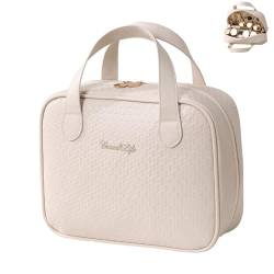 BAKLUCK Kosmetiktasche mit großem Fassungsvermögen, Make-up-Tasche mit Fächern, PU-Leder, wasserdicht, tragbar, Make-up-Tasche für Damen, mit Griff und Trennwand, Schwarz, Beige, Elegant von BAKLUCK