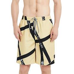 BALCONY & FALCON Herren Badehose mit Kordelzug Schnell trocknende Boardshorts zum Schwimmen, Surfen, Laufen, Fitnessstudio, Training, Spazierengehen Gelb-Schwarze Streifen S von BALCONY & FALCON