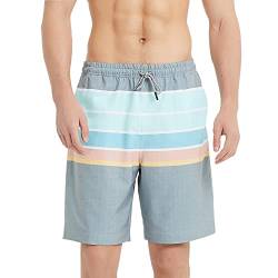 BALCONY & FALCON Herren Badehose mit Kordelzug Schnell trocknende Boardshorts zum Schwimmen, Surfen, Laufen, Fitnessstudio, Training, Spazierengehen Grau-Farbbalken XS von BALCONY & FALCON